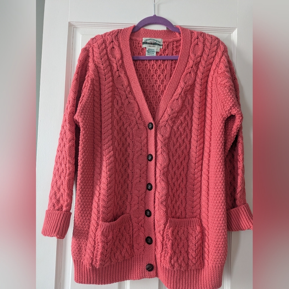 Aran Crafts Pink Cable Knit Cardigan Sweater
